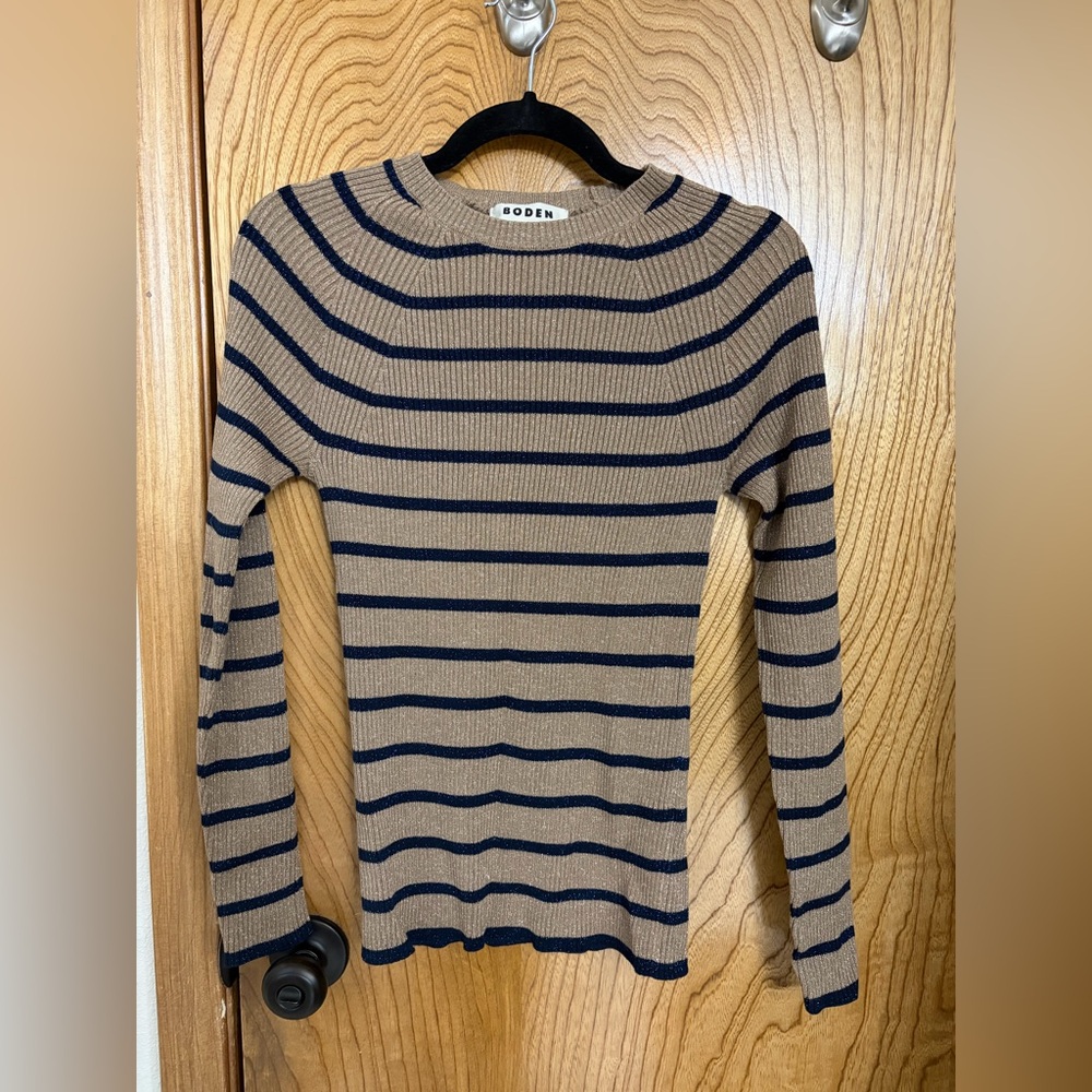 Boden Effie Sparkle Stripe Sweater | Camel and Navy Stripe | M
